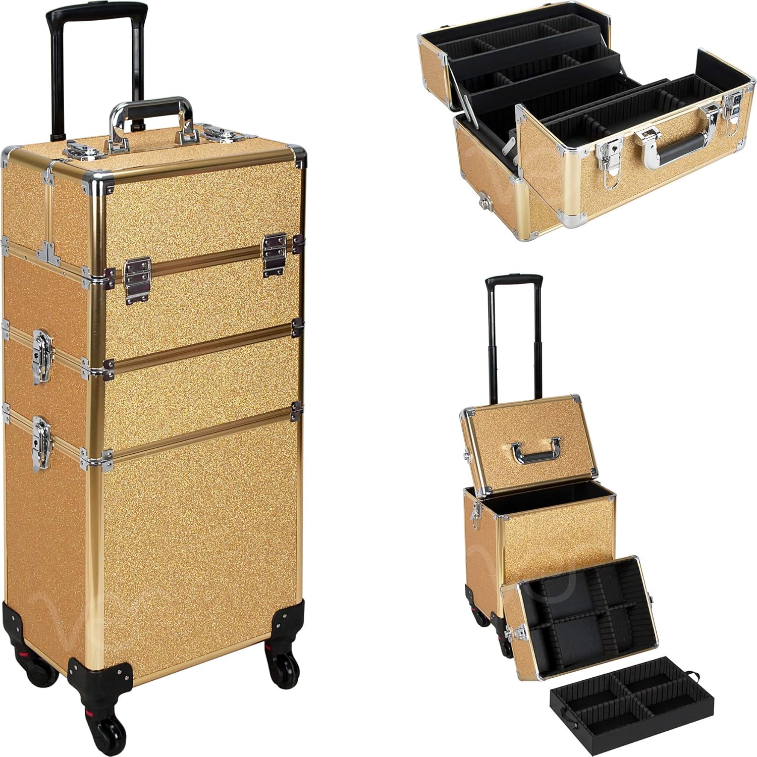 Ver Beauty Professional Rolling Makeup Train Case, Heavy Duty Hair Stylist & Makeup Artist Travel Case with Easy Slide and Extendable Trays, Gold Glitter