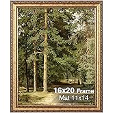 Splinterix 16x20 Gold Picture Frame, Ornate Vintage Picture Frames for Wall or Tabletop Display, 16 x 20 Photo Frame Gold with Non Glare Plexialass, Display Poster 11x14 with Mat or 16x20 without Mat for Antique Déco