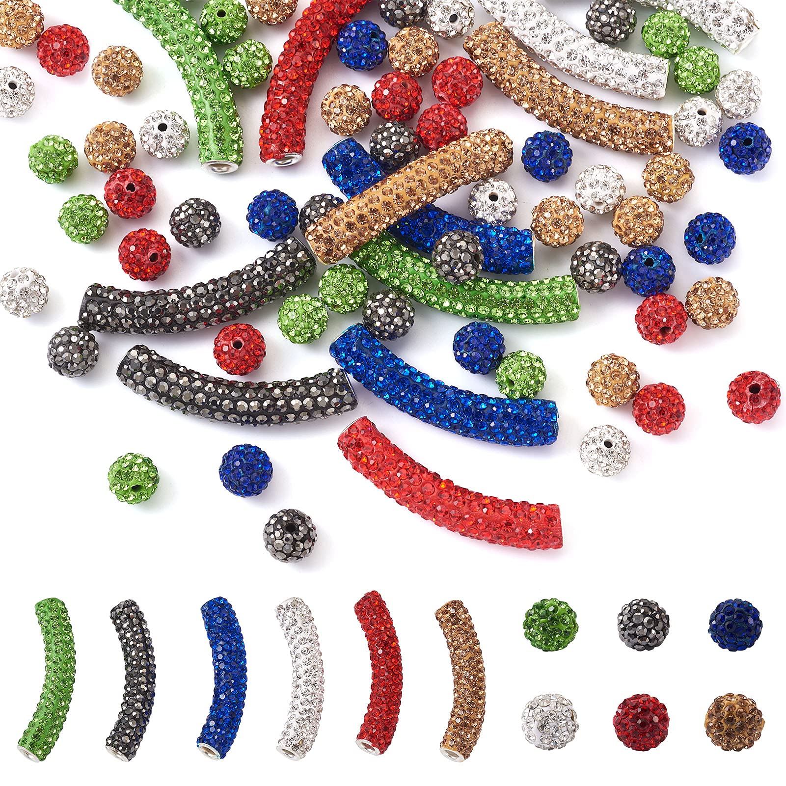 Beadthoven 72pcs Round Tube Brass Middle East Rhinestone Beads 6 Colors Polymer Clay Disco Ball Crystal Spacer Noodle Bead Charms for Bracelet Earring Jewelry Making