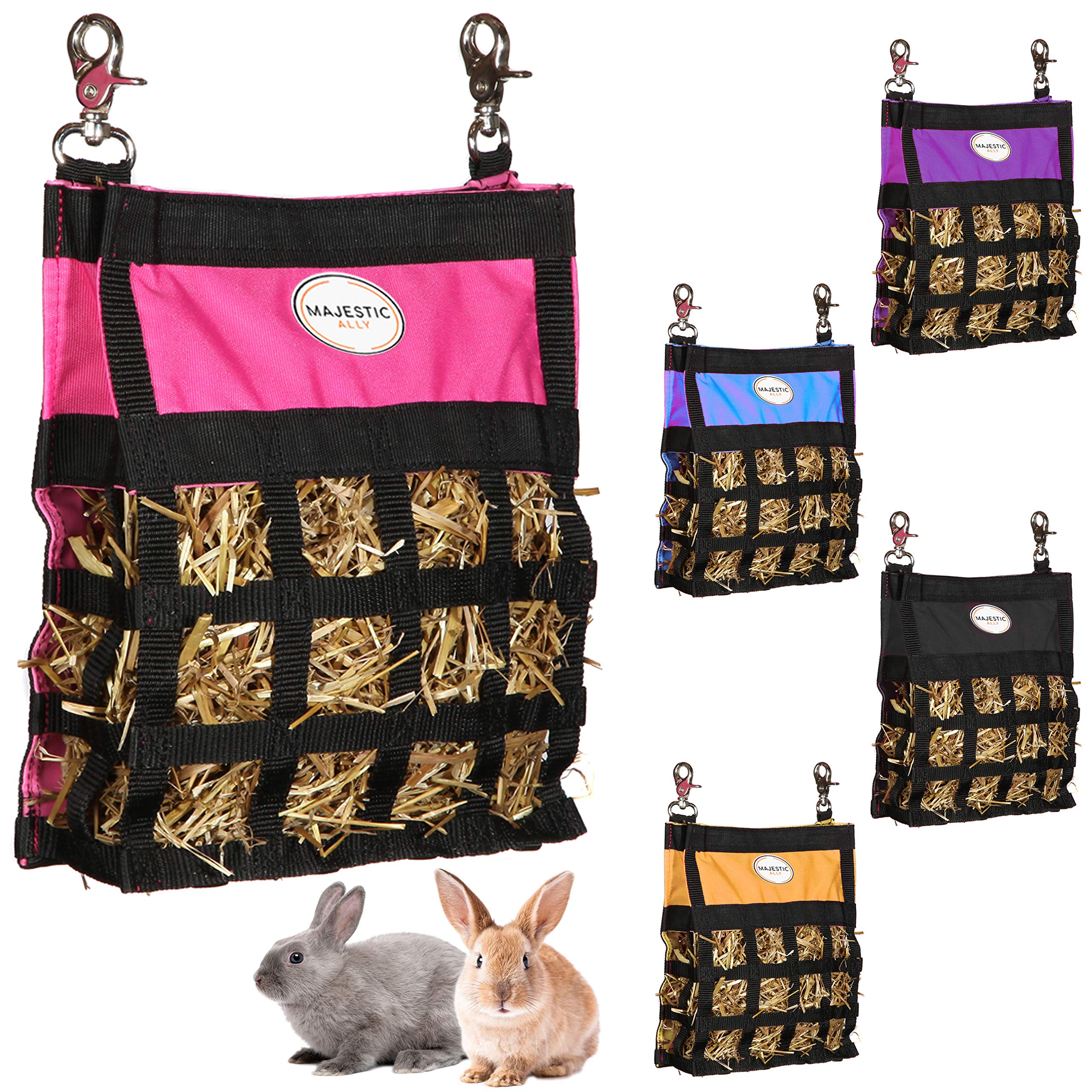 Majestic Ally Guinea Pig & Rabbit Hay Feeder – Premium Quality Highly Durable Nylon – Three Side Open Slow Feed Hay Bag for Small Animals – 5 Lovely Colors (Pink)
