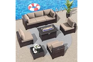 RTDTD Outdoor Patio Furniture Set with Propane Fire Pit Table, 8 Pieces Outdoor Furniture Patio Sectional Sofa Conversation Set w/ETL Approved 43" Gas Outdoor Fire Table & Coffee Table (Brown)