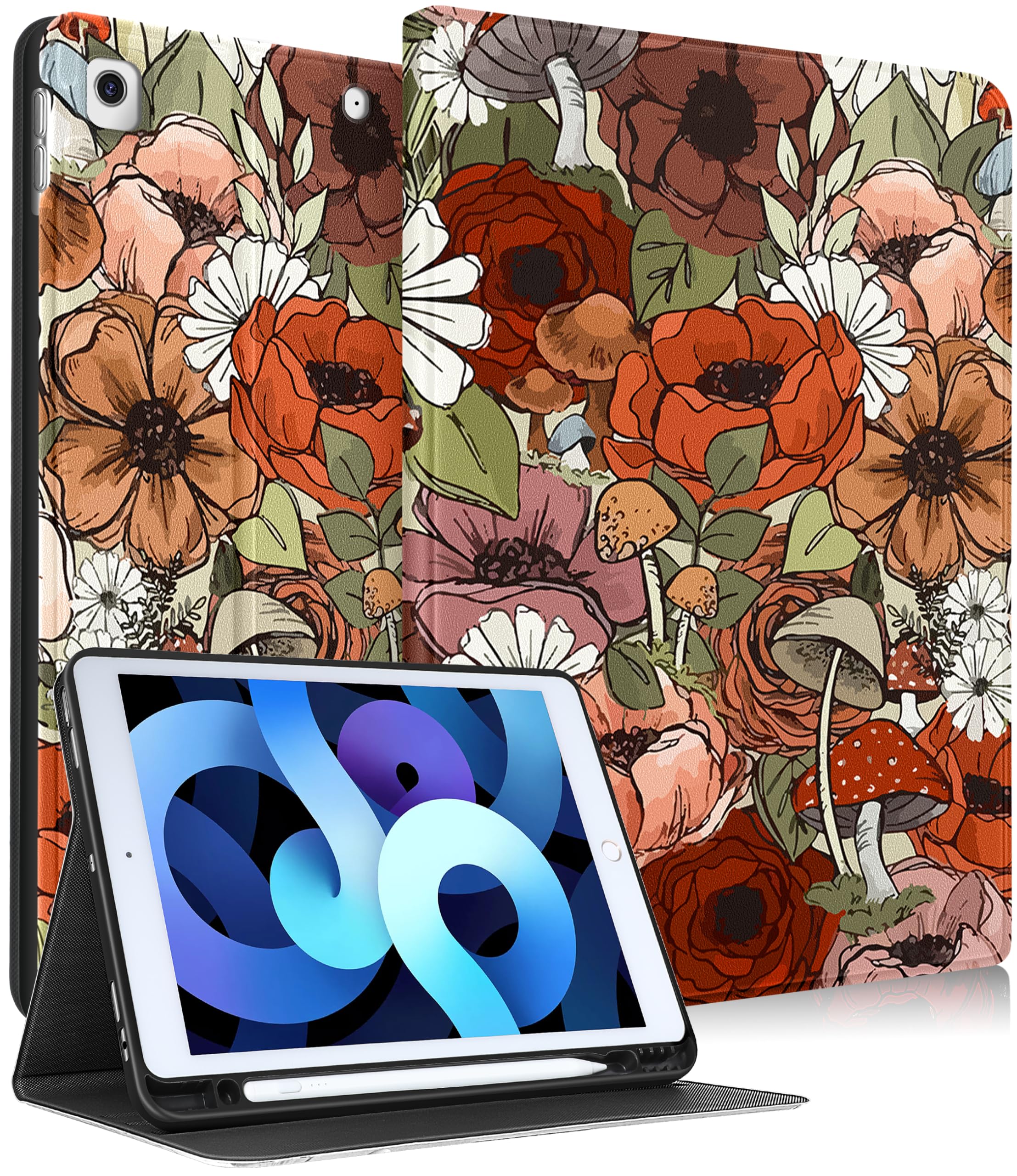 Pegmode for iPad 9th/8th/7th Generation Case Women Cute Girls Folio Cover Flower Girly Kawaii Teens Mushroom Design With Pencil Holder Smart Cover for Apple iPad 9/8/7 Gen Cases A2602 A2270 A2197