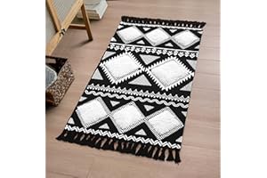Chicrug 2x3 Runner Rugs for Bedroom Bedside, Geometric Washable Doormat Hallway Runner Carpet for Bathroom Laundry Kitchen Room, Farmhouse Tufted Woven Tassel Room Decor Throw Rug, Black/White