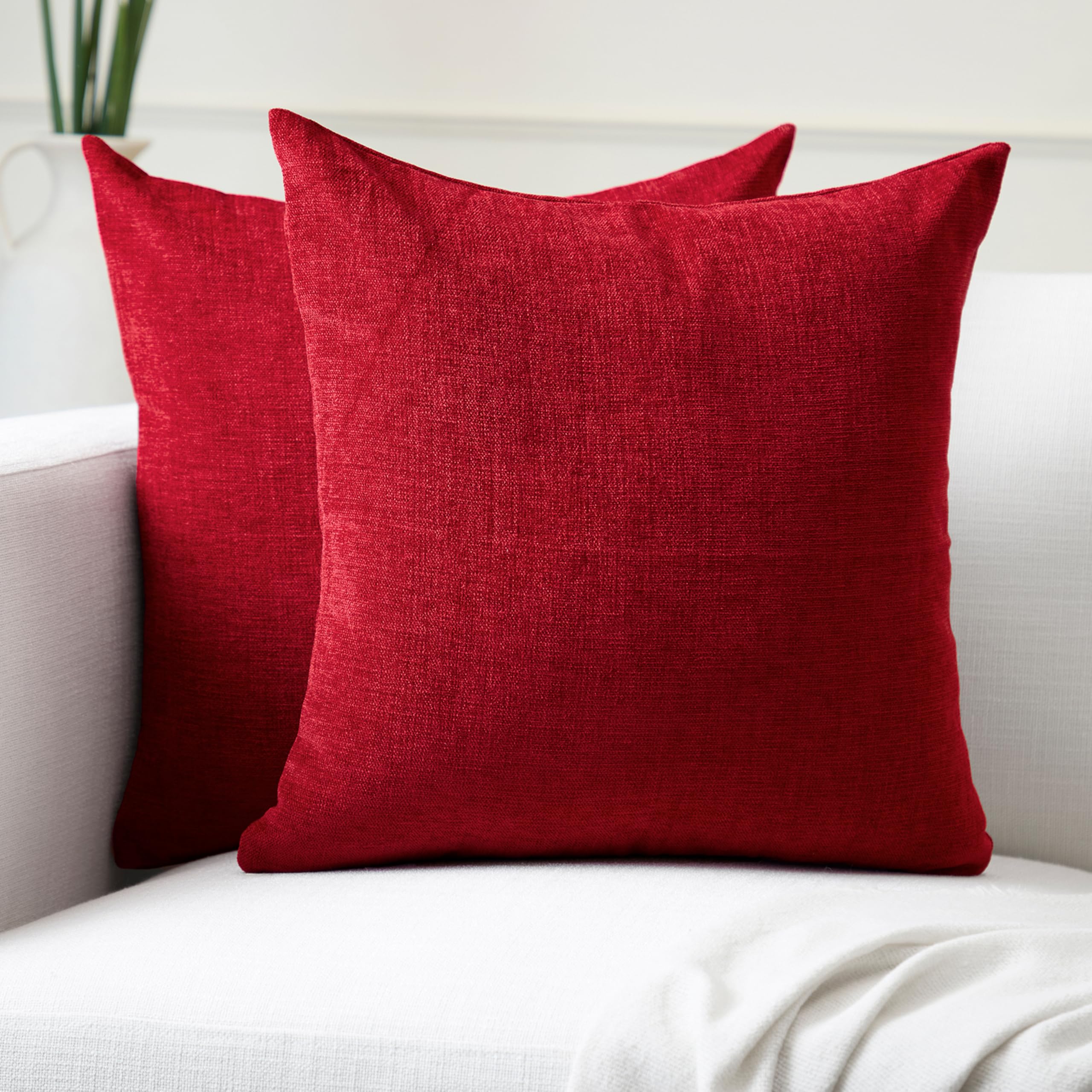 Encasa XO Chenille Cushion Covers Set of 2 | Scarlet Red - (24"x24") (60x60 cm) | Decorative Accent Square Throw Pillow Cases For Couch, Home Decor, Sofa