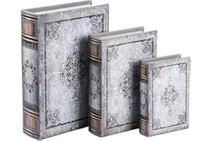 XIAOAIKA Wooden Book Box Set of 3 with Magnetic Closure and Grey Vintage Leather Cover, Non-Woven Fabric Interior, Decorative Secret Storage for Bookshelves and Home Office