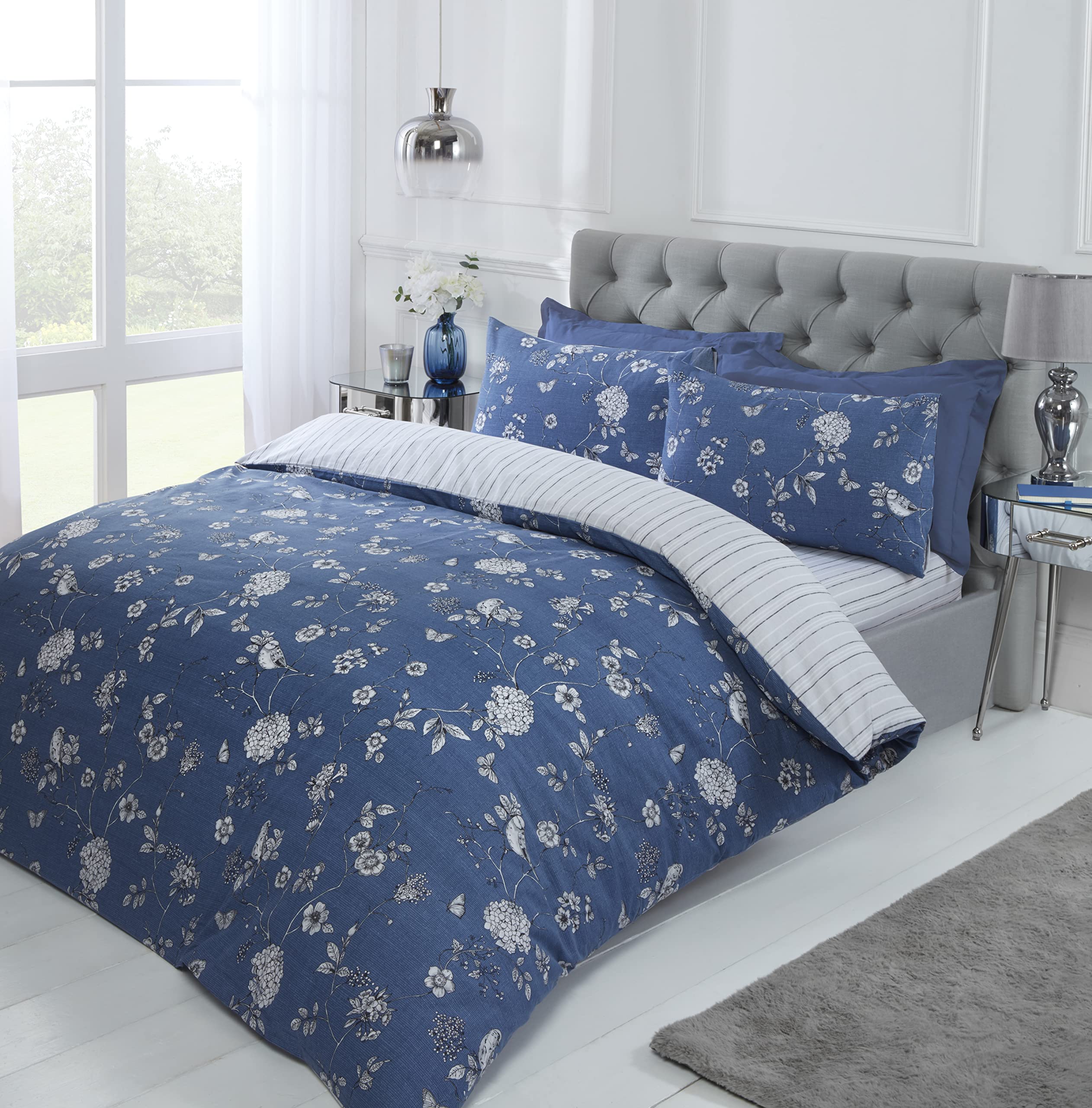 Rapport Home Country Toile Floral Navy Reversible Kingsize Duvet Cover Set