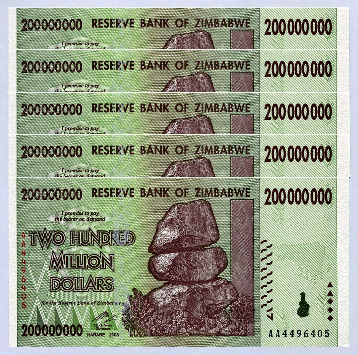 Zimbabwe 200 Million Dollars x 5 pcs AA 2008 P81 consecutive UNC currency bills, Multicoloured, 75x150 mm