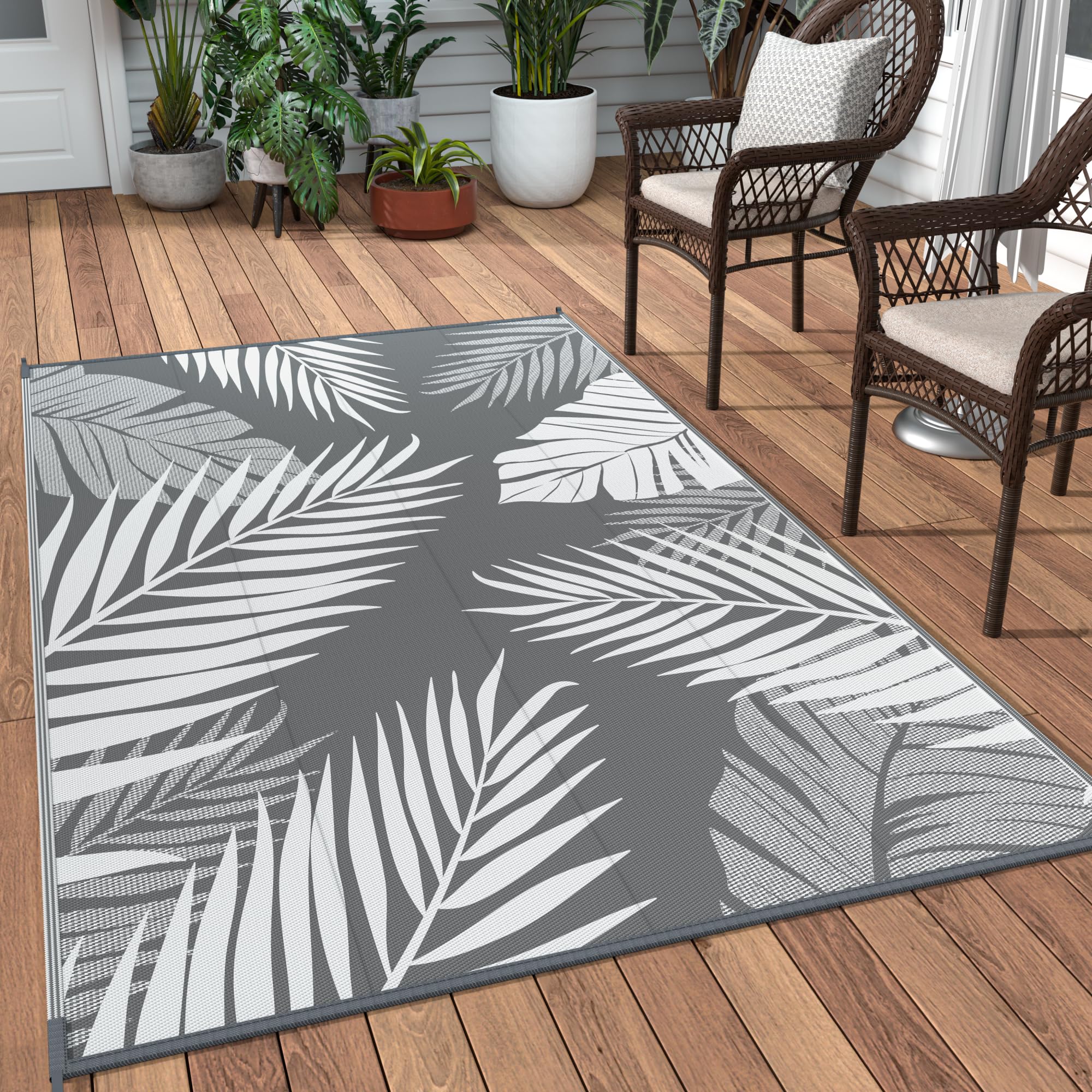 Photo 1 of GENIMO Outdoor Rug 3' x 5' Waterproof for Patios Clearance, Reversible Outdoor Plastic Straw Camping Rug Carpet, Large Area Rugs Mats for RV, Camper, Deck, Balcony, Porch, Beach, Picnic, Grey&White