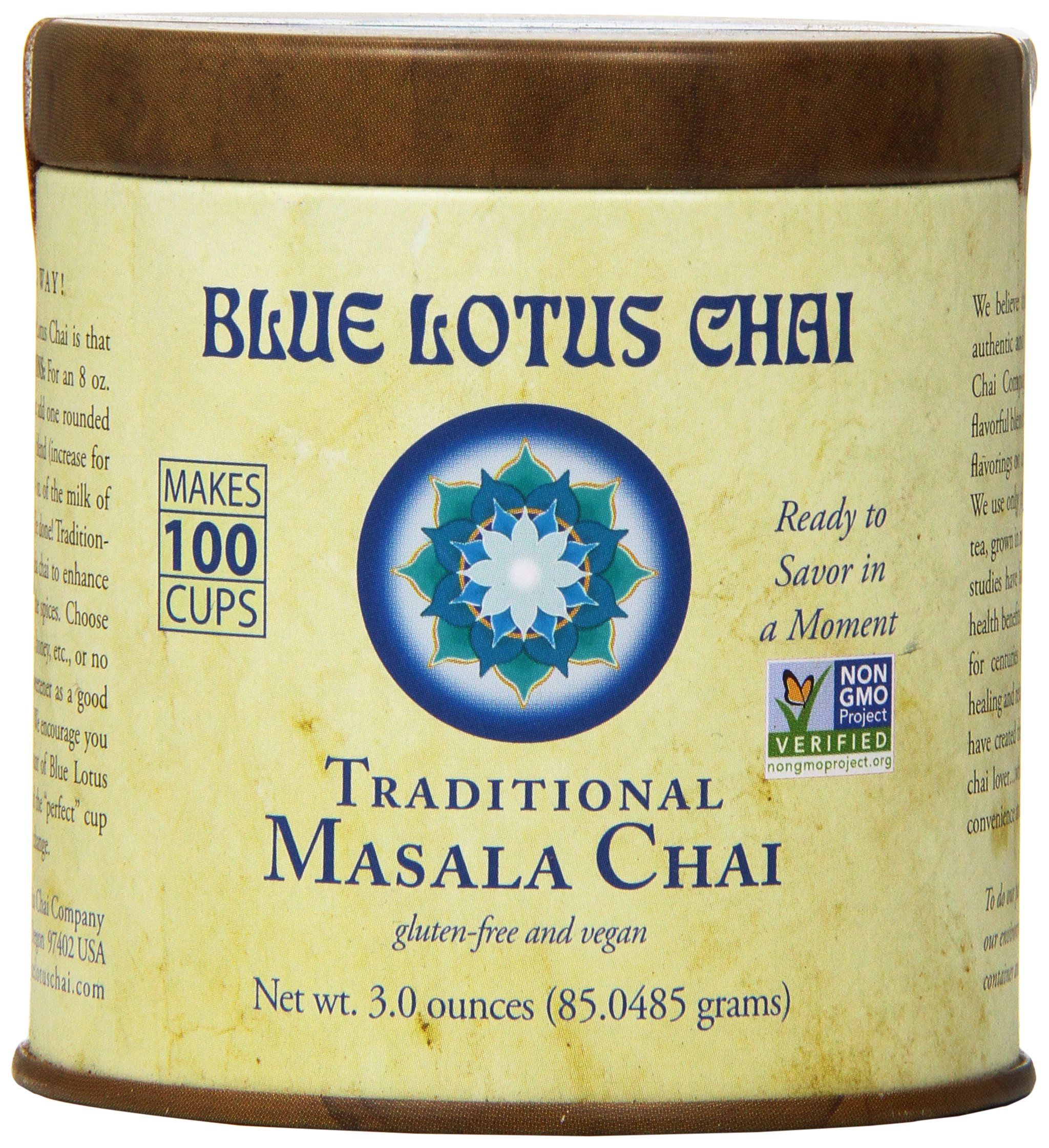 Masala Chai by Blue Lotus Chai - Gluten-Free and Vegan - Traditional Flavor - 3 Ounce Reusable Tin - Makes 100 Cups