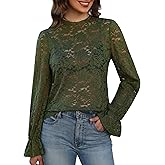 Gleeneat Womens Lace Long Sleeve Tops Dressy Casual Mock Neck Blouses Floral Elegant Sheer Shirts Date Night Outfits