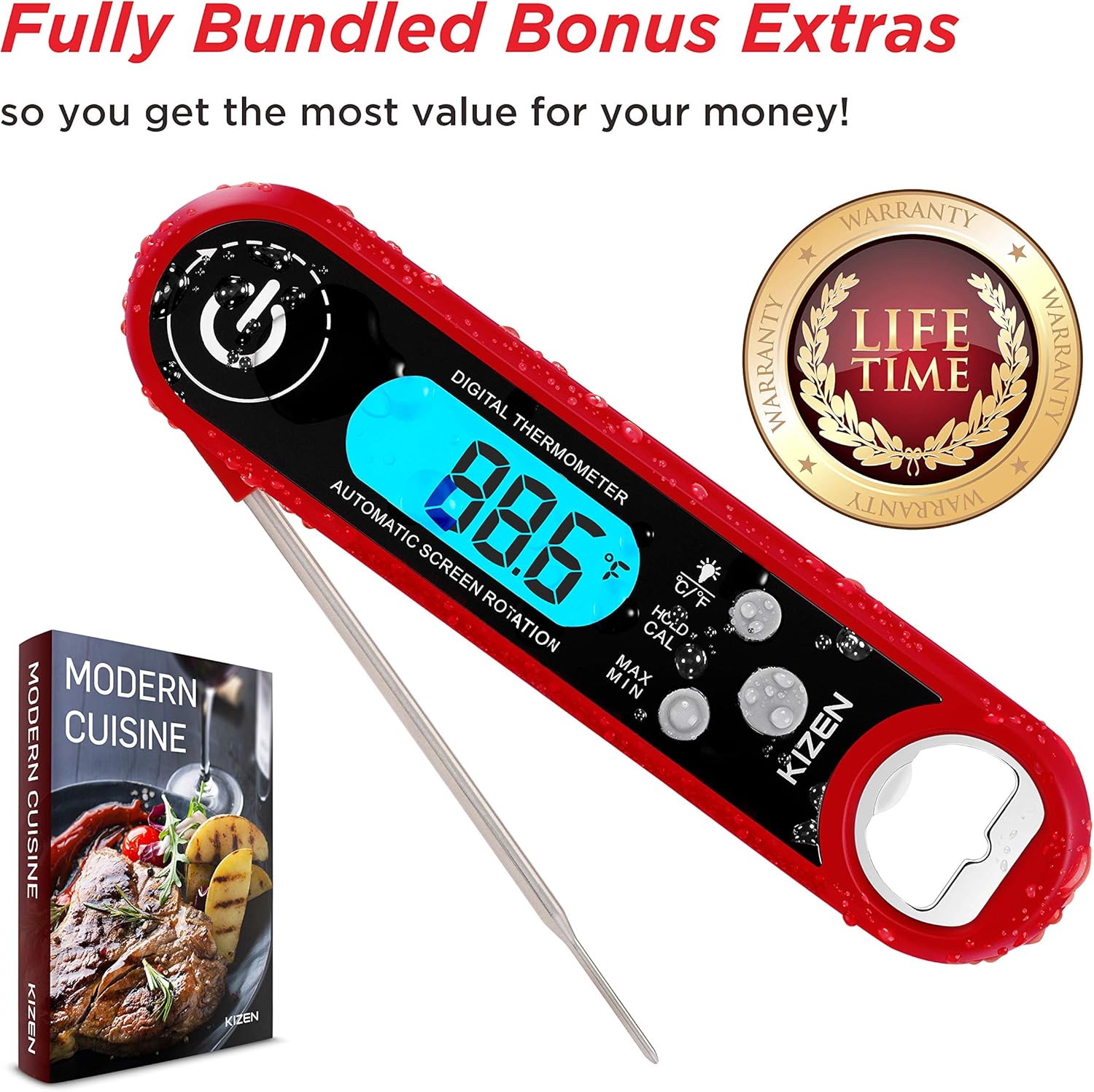 Kizen IP100 Instant Read Meat Thermometer - Waterproof Ambidextrous Thermometer with Backlight & Calibration. Digital Food Thermometer for Kitchen, Outdoor Cooking, BBQ, and Grill! (Red): Industrial & Scientific