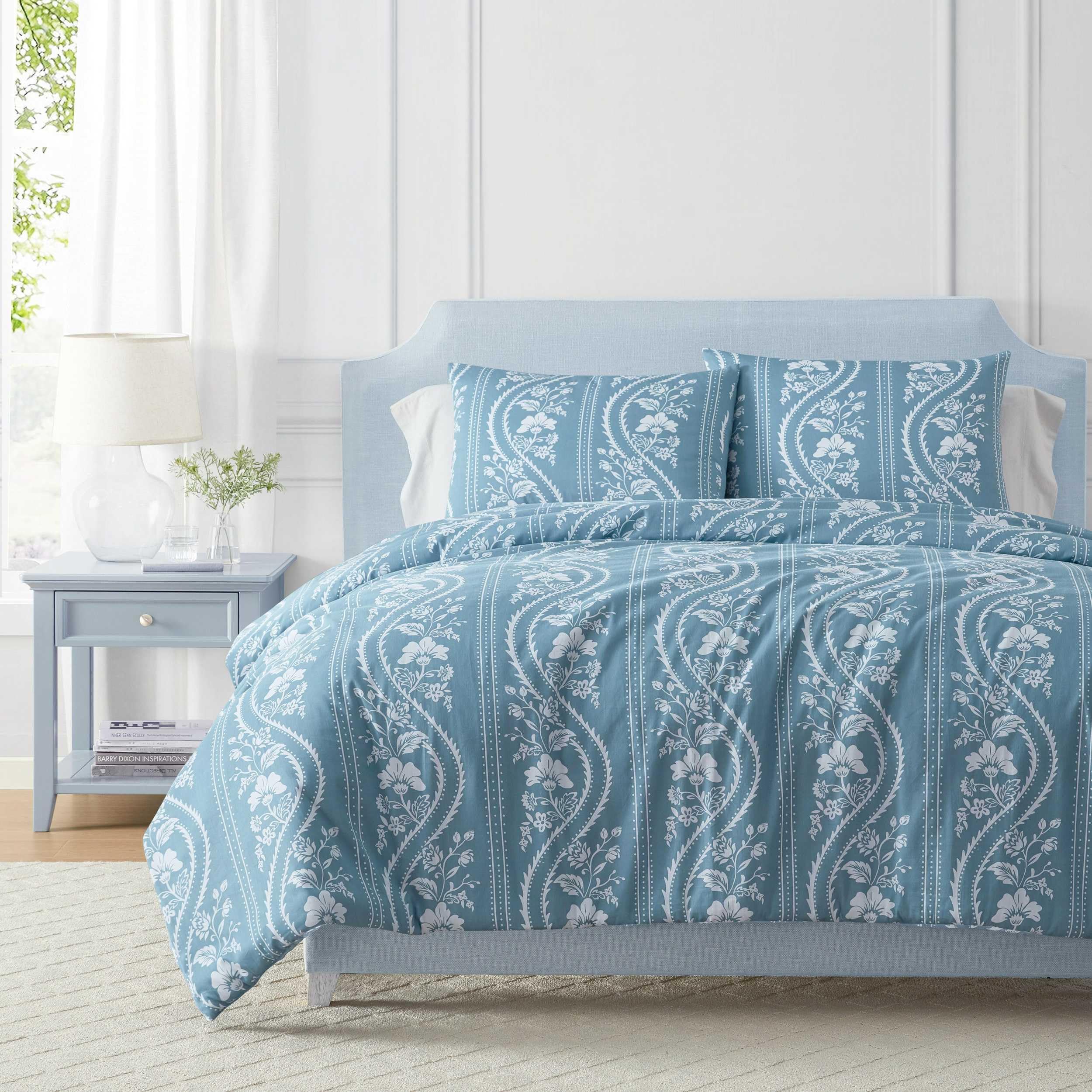 Martha Stewart – Twin Comforter Set, Smooth Sateen Front with Subtle Sheen & Lightweight Cotton Percale Reverse, 2 Piece Bed Set with Matching Pillowcase (Sophia Stripe Blue)