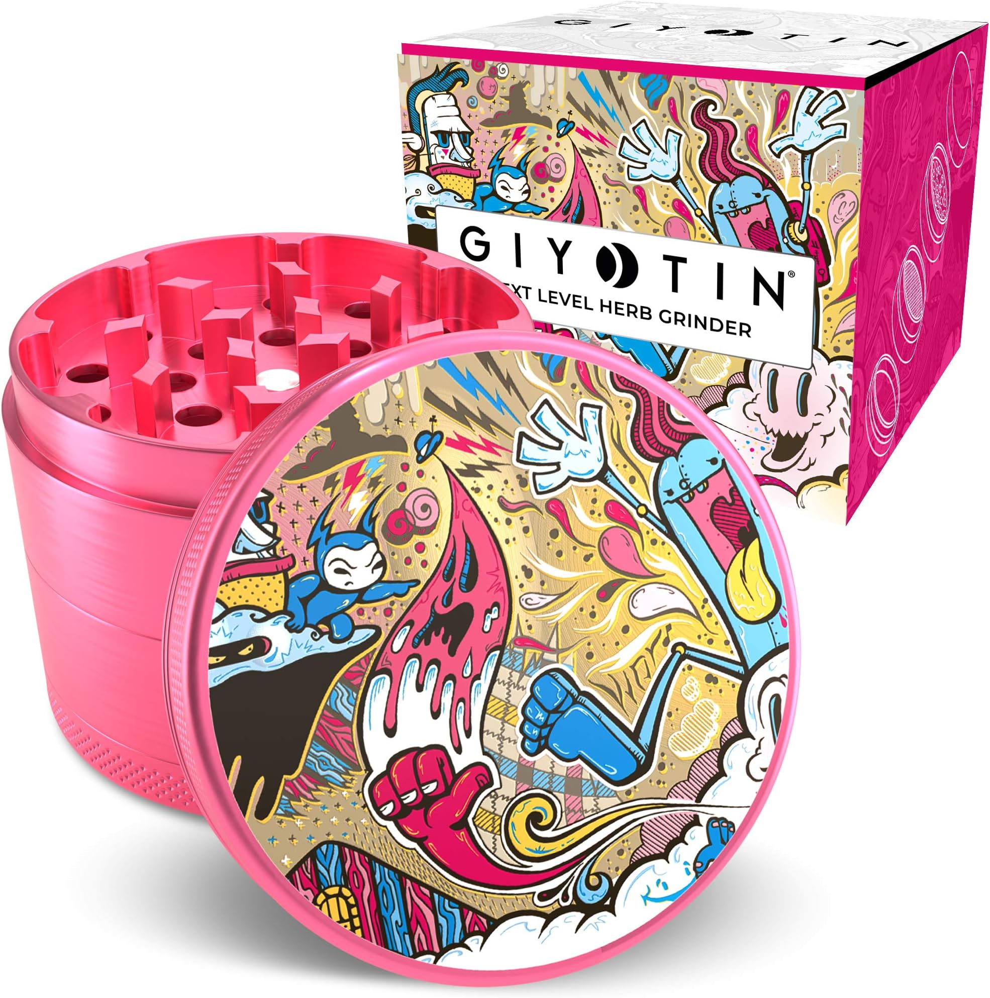 Giyotin 4 Piece Spice Herb Grinder includes Pollen scraper and Travel bag. 2.2" Anodised Aluminum Grinder (2.2 inch, Pink)