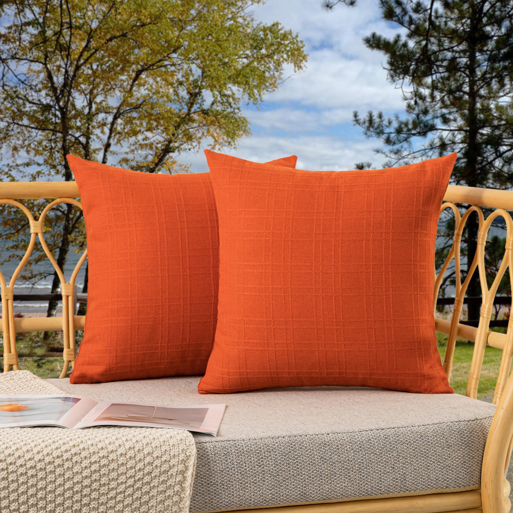 Photo 1 of Kevin Textile Fall Outdoor Waterproof Throw Pillow Covers Decorative Farmhouse Water Resistant Checkered Cushion Covers for Tent Patio Garden Couch Sofa Pack of 2 (24x24 Inch Orange)