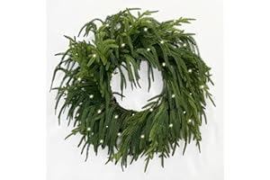 TOKCARE 24 Inch Real Touch Norfolk Pine Wreaths for Front Door, Artificial Prelit Christmas Wreath with 40 LED Green Faux Pin