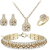 4pcs Cubic Zirconia Wedding Jewelry Sets for Bride Bridesmaid Cubic Zirconia Pendant Necklace Earrings Link Tennis Bracelet Open Ring Set for Women