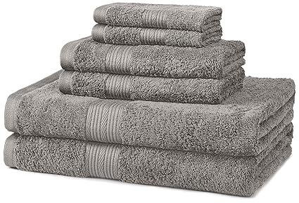 AmazonBasics Fade-Resistant Cotton 6-Piece Towel Set, Grey