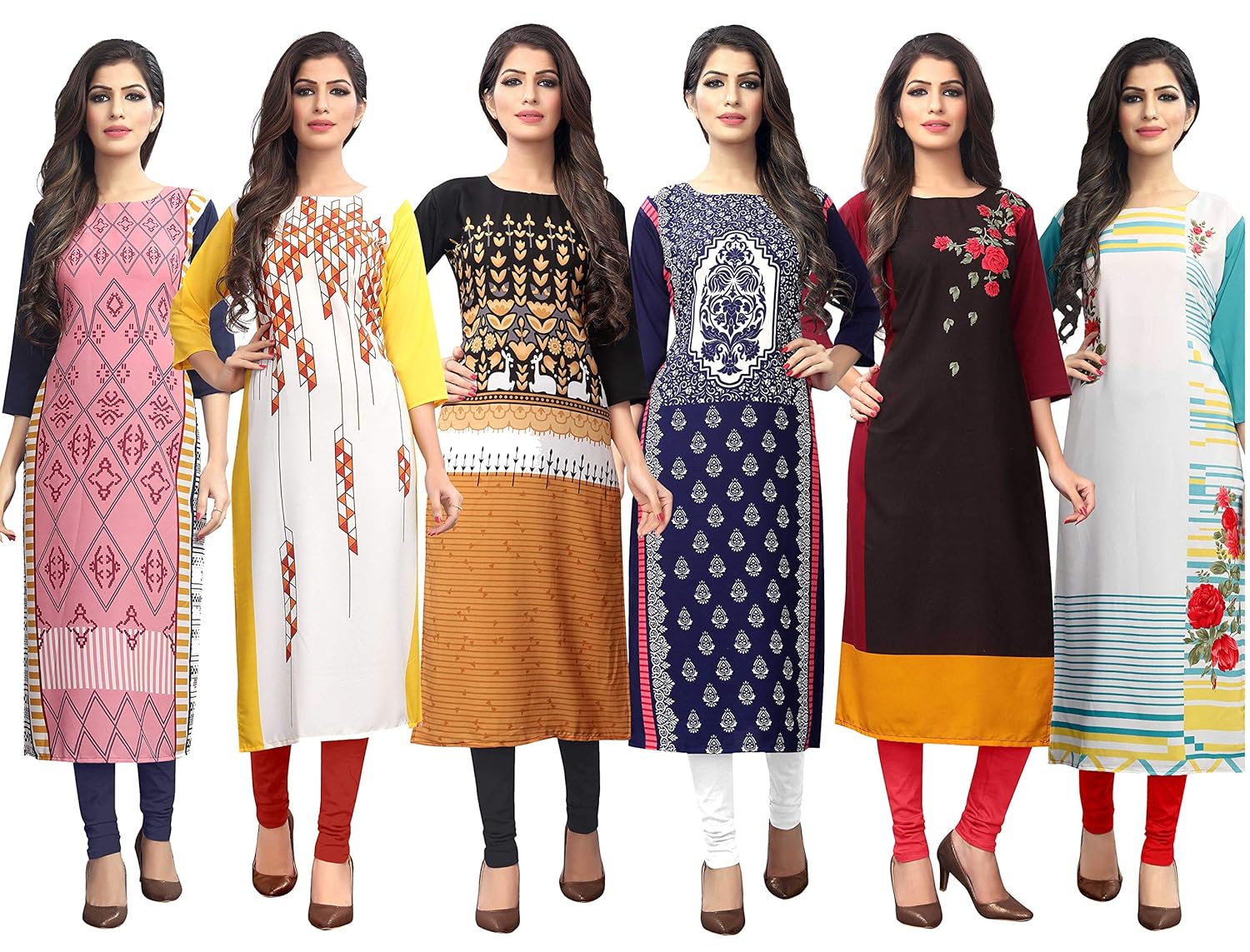 1 stop fashion women's multi-coloured crepe knee long w style kurtas/kurti combo (set of 6)