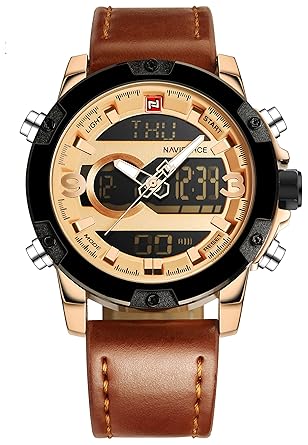 Naviforce Analog-Digital Gold Dial Mens Watch - 9097