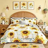 UEVBF Yellow Sunflower Quilt Set King Size 3 Pieces,Beautiful Floral Summer Bedding with 2 Pillowcases,Soft Lightweight Quilted Quilt Bedding Sets for Adults Women Men Bedroom Decor.