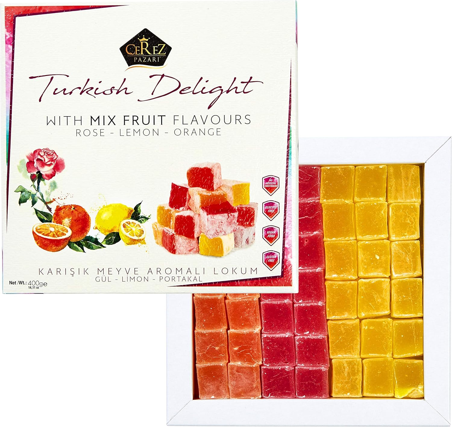 Cerez Pazari Turkish Delight with Rose, Orange and Lemon Mix Flavors (No Nuts) - Gluten Free, Glucose Free, Vegan Luxury Lokum Candy Dessert Gourmet Medium Box - Approx.40 Pcs - 14 Oz : Grocery & Gourmet Food