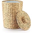 Tidita 1.3 Gallons Wicker Waste Basket - Water Hyacinth Bathroom Garbage Can - Trash Can with Lid Boho Style - Wicker Trash Can with Lid for Household, Kitchen, Bedroom - Removable Liner, Iron Frame