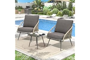 COMLAX FIELD 3 Piece Patio Bistro Set, Outdoor Apartment Balcony Furniture Sets, Woven Rope Chairs with Cushions and Coffee Table Set of 2 for Porch Backyard Lawn Poolside Deck, Grey