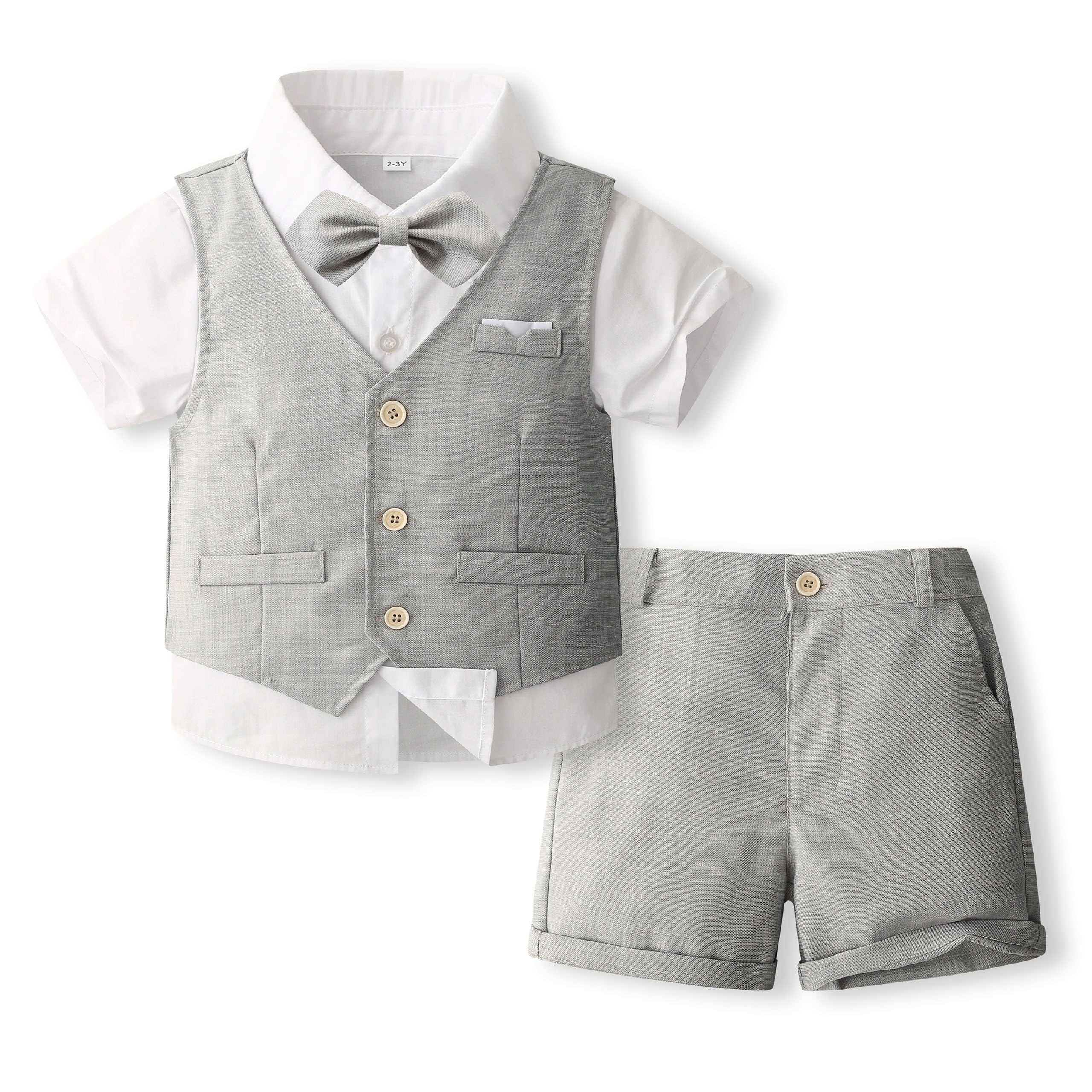 Photo 1 of Volunboy Baby Boys Summer Formal Suits Short Sleeve White Dress Shirt Bowtie Vest 4 Piece Wedding Ring Bearer Gentleman Shorts Set (Grey, 18-24 Months)