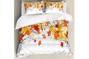 Ambesonne Fall Duvet Cover Set, Image of Canadian Maple Tree Leaves in Autumn Season Soft Reflection Effects, Decorative 3 Piece Bedding Set with 2 Pillow Shams, Queen Size, Orange White