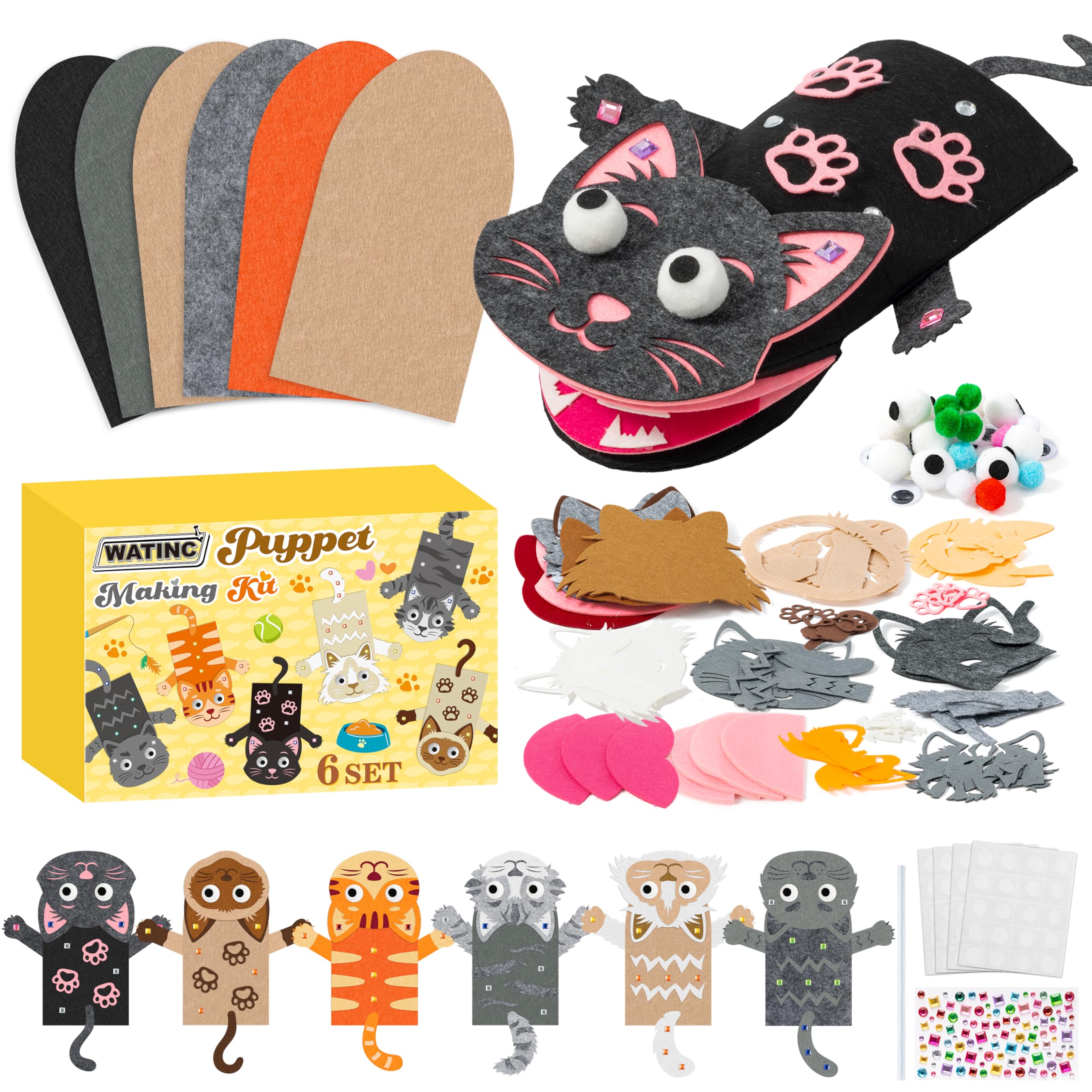 WATINC 6Pcs Hand Puppet Making Kit, Art Craft Felt Sock Puppet Toys, Creative DIY Make Your Own Pompoms Wiggle Googly Eyes Storytelling Role Play Party Supplies Gift for Girls Boys (Cat A6p) — image 1
