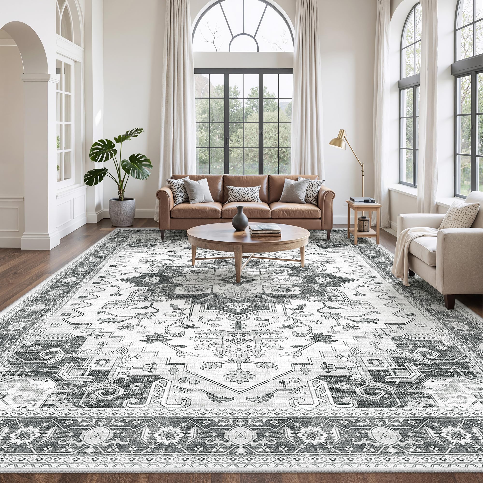 Living Room 10x14 Area Rugs, Washable Area Rug Stain Resistant Carpet Vintage Soft Rugs for Bedroom with Non Slip Backing Indoor Home Decor (10'x 14',Grey) Image