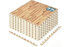 Happygrill 144 Sq. Ft. Interlocking Foam Floor Tiles, 36 PCS 2/5 Thick Wood Grain EVA Foam Mat w/72 Borders, 24” x 24” Puzzle
