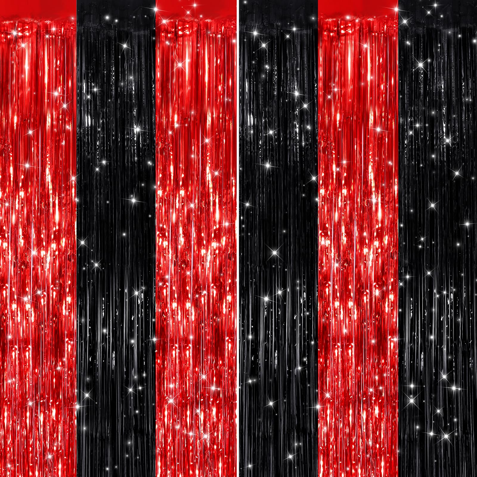 Photo 1 of 2 Pack Black Red Metallic Tinsel Foil Fringe Curtains, Door Streamers Photo Booth Backdrop for Birthday Party, Tinsel Curtain Backdrop for Baby Shower Bachelorette Christmas Party Decorations