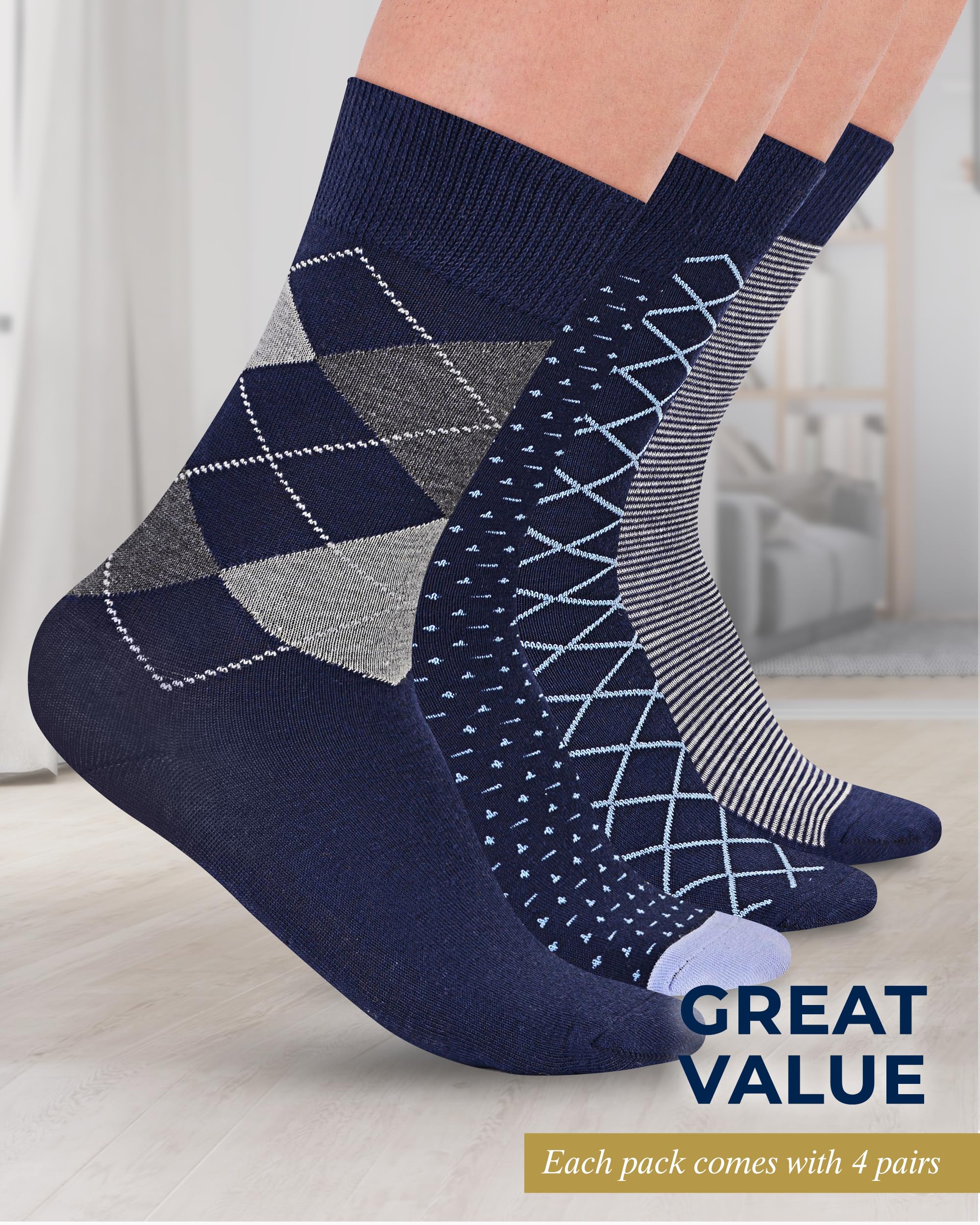 Pembrook Diabetic Dress Socks for Men - 4 Pairs Odor Free Stylish Diabetic Socks for Men Work | Mens Diabetic Socks Casual