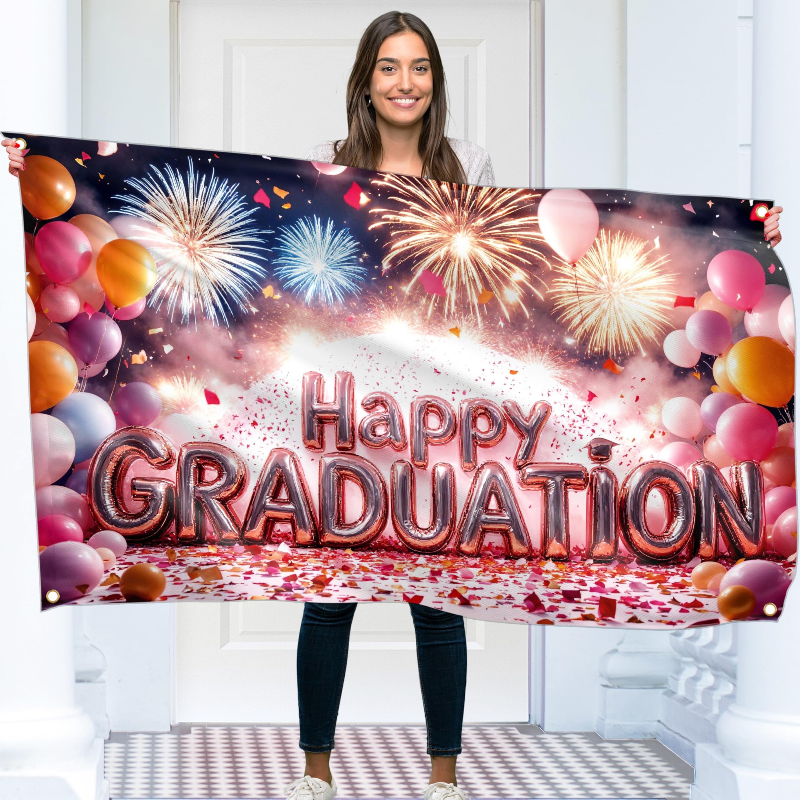 Congratulations Banner - Graduation Decorations 5x3ft - Well Done Banner - We Are So Proud of You - You Did It (Pink)