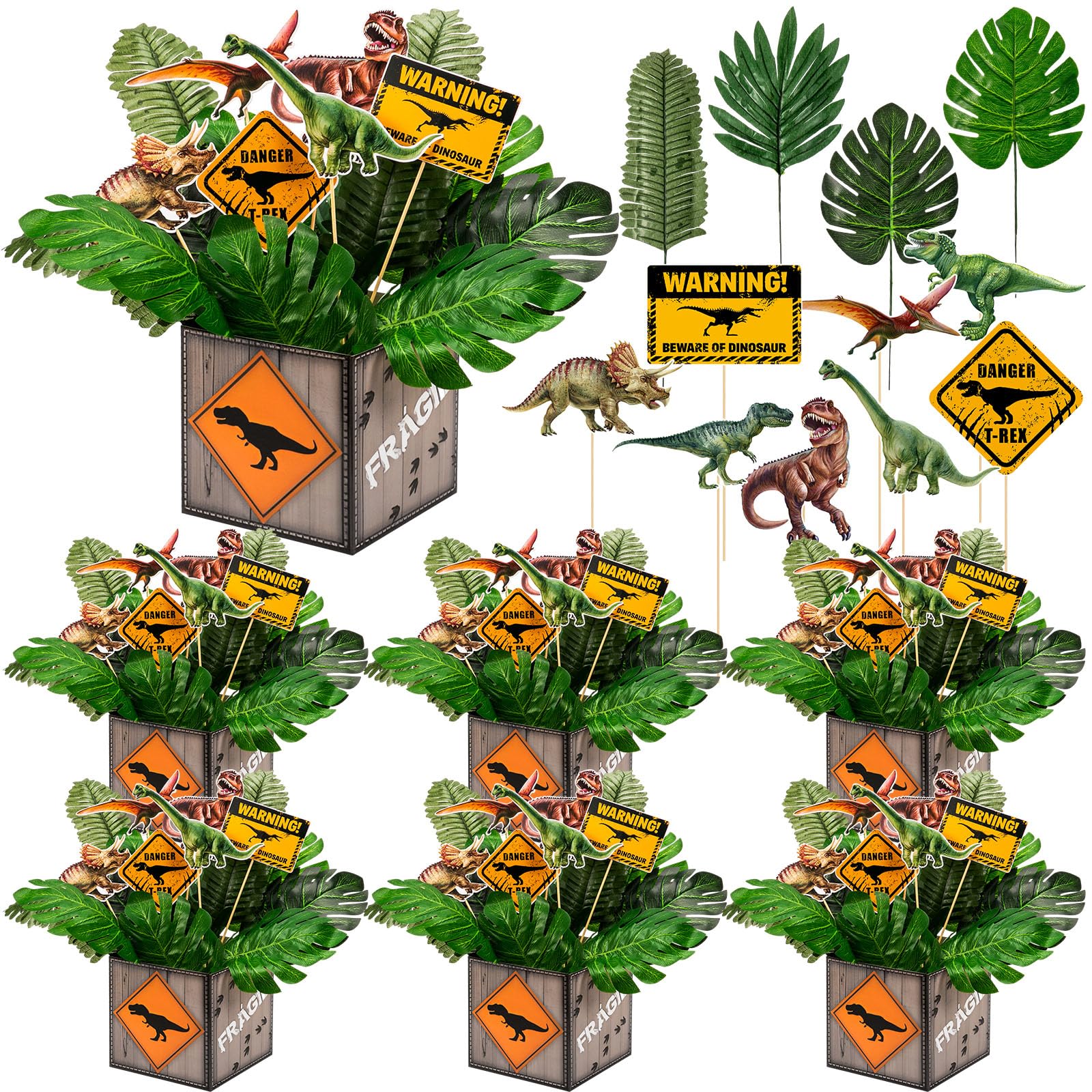 Photo 1 of Weekgrat 6 Set Dinosaur Party Table Centerpiece Decorations Include Cassette Tape Bucket Centerpiece Sticks Table Toppers Photo Booth Props with Paper Decor for Party