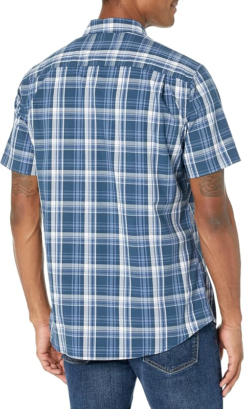 Camisa Informal de Popelina de Manga Corta Hombre, Azul Marino Cuadros Medio, M