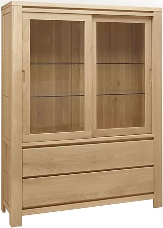 Destock Meubles Sliding Oak Display Cabinet 2 Doors 2 Drawers