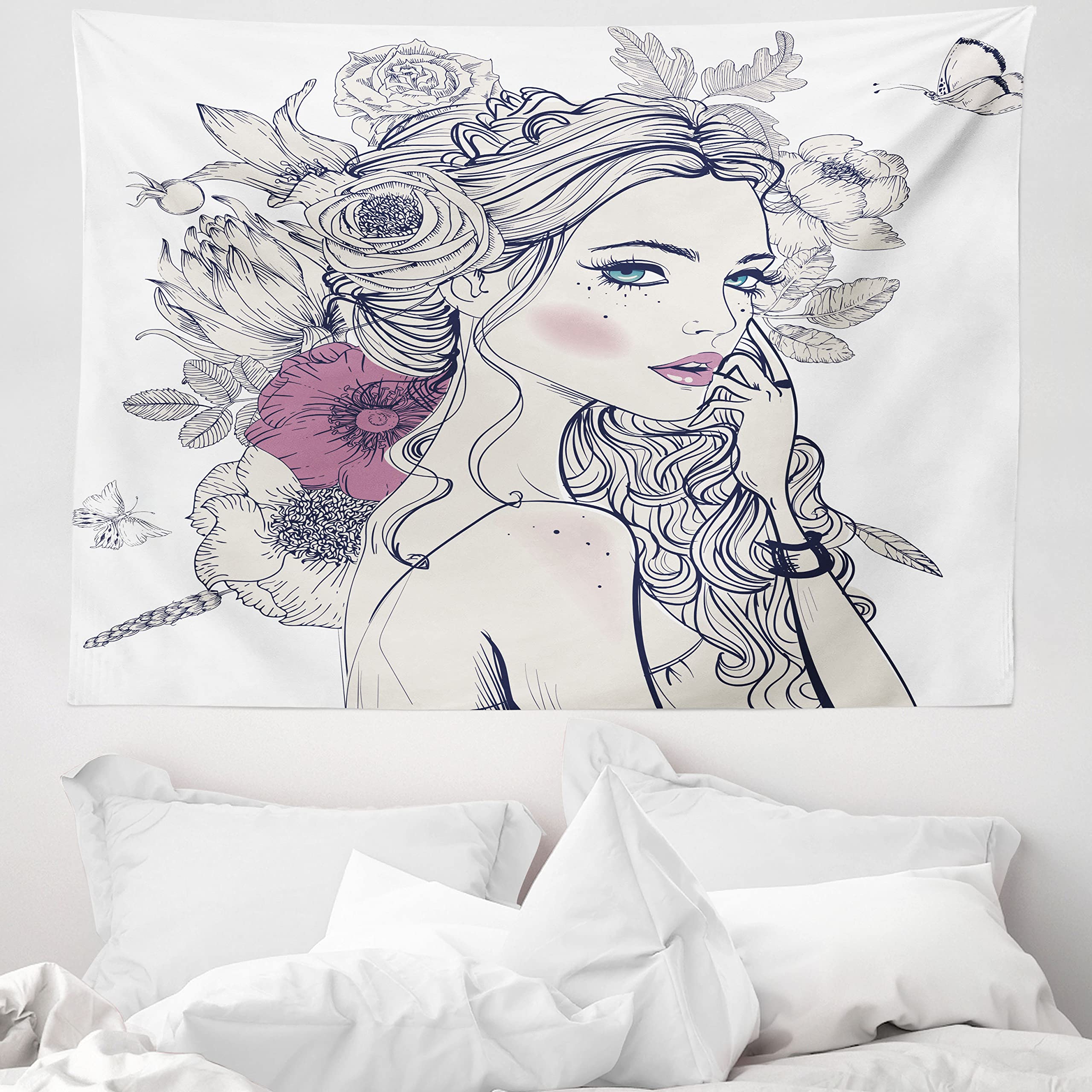 ABAKUHAUS Floral Tapestry, Portrait of a Beautiful Woman with Flowers on Her Hair and Butterflies Pattern, Fabric Wall Hanging Decor for Bedroom Living Room Dorm, 58 W X 43 L, Pearl and White