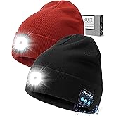 Bluetooth Beanie Hat with Light for Men 2 Pack, LED Beanie with Light Built in Unisex USB Rechargeable, Headlamp Cap with Wireless Headphones Built-in Speaker Mic Gifts for Men Dad Teen (Black+Orange)