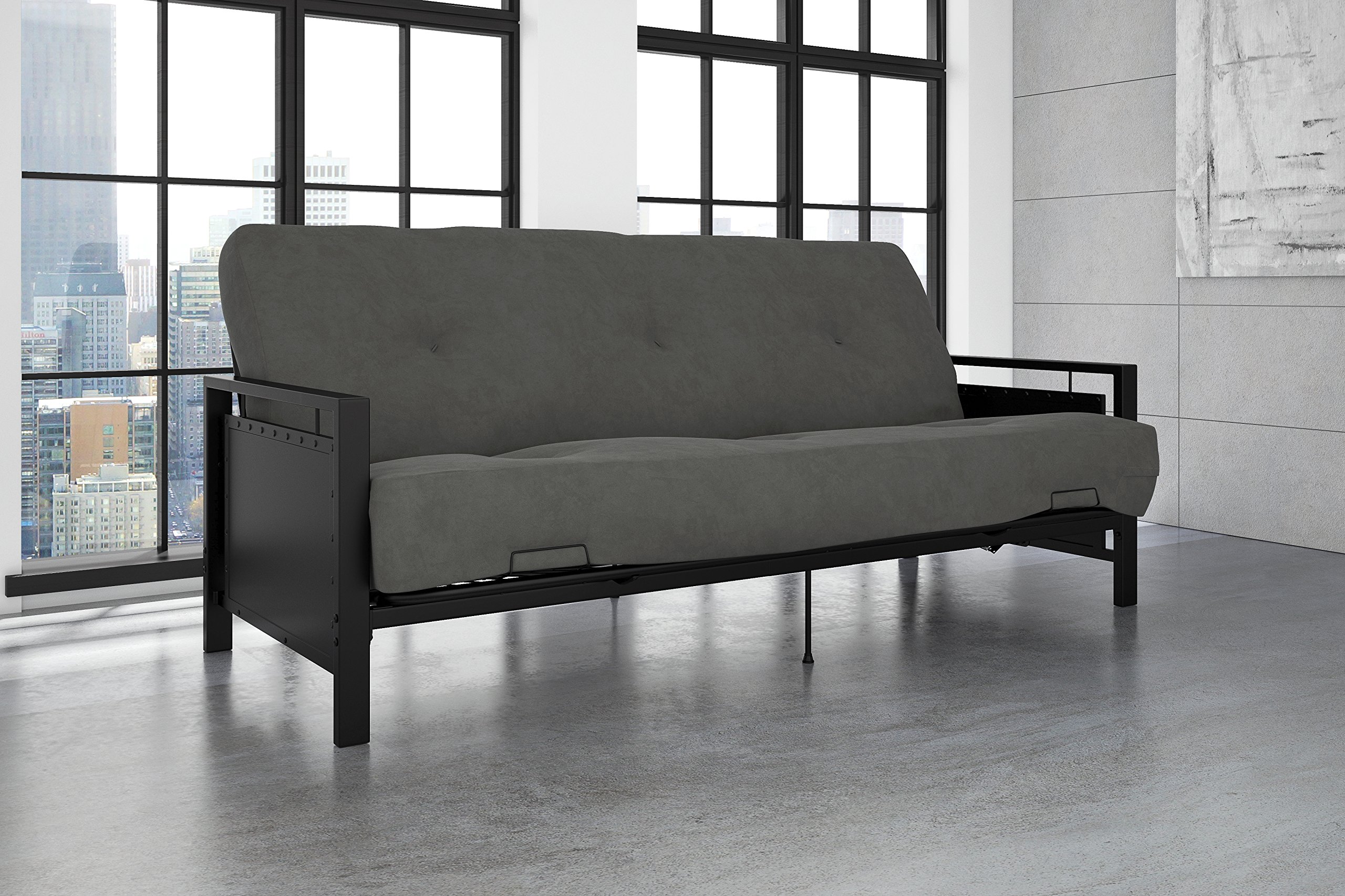 DHP Henley Metal Arm Futon Frame, Industrial Loft Design, Converts to Sleeper, Black Sturdy Metal
