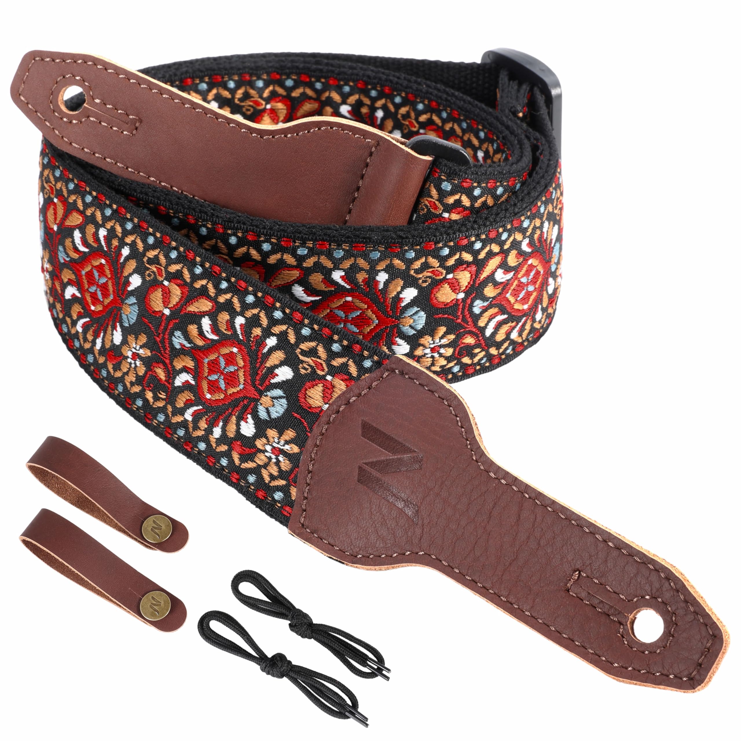 Nefelibata Banjo Strap, 2"Wide Full Grain Cowhide Guitar Strap Adjustable Replacement,Multi-pattern Guitar Strap With Headstock Rope and Leather Headband(Red Flower Embroidery)