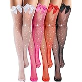 Fourluoo 4 Pairs Women Fishnets Thigh High Stockings with Satin Bow Sparkly Rhinestone Fishnets Tights Pantyhose Hosiery