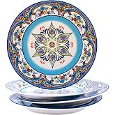 Euro Ceramica Zanzibar Collection Vibrant 10.9" Ceramic Dinner Plates, Set of 4, Spanish Floral Design, Multicolor