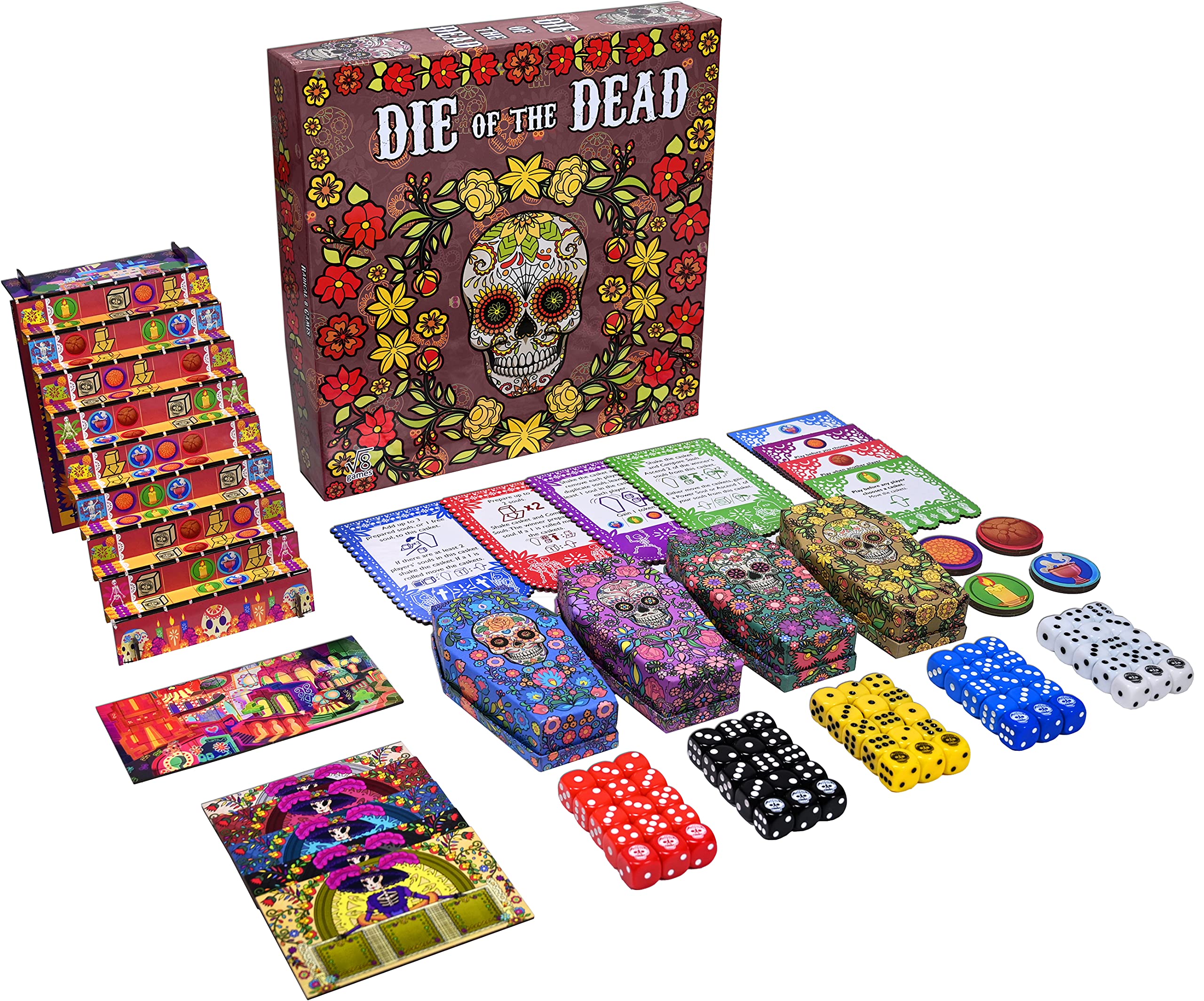 Die of The Dead, a dice Rolling, Casket Moving, Step Ascending Game Celebrating Dia de Muertos