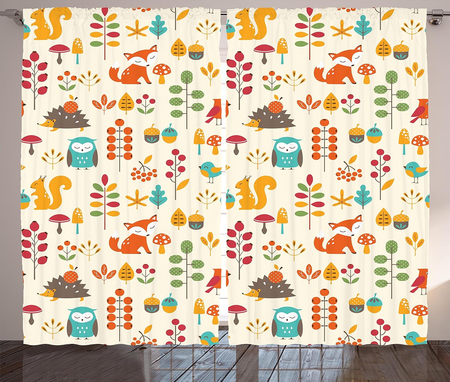 Ambesonne Children Curtains, Kids Autumn Pattern with Owl Fox Squirrel Birds Animal Leaves Print, Living Room Bedroom Window Drapes 2 Panel Set, 108" X 63", Cream Orange