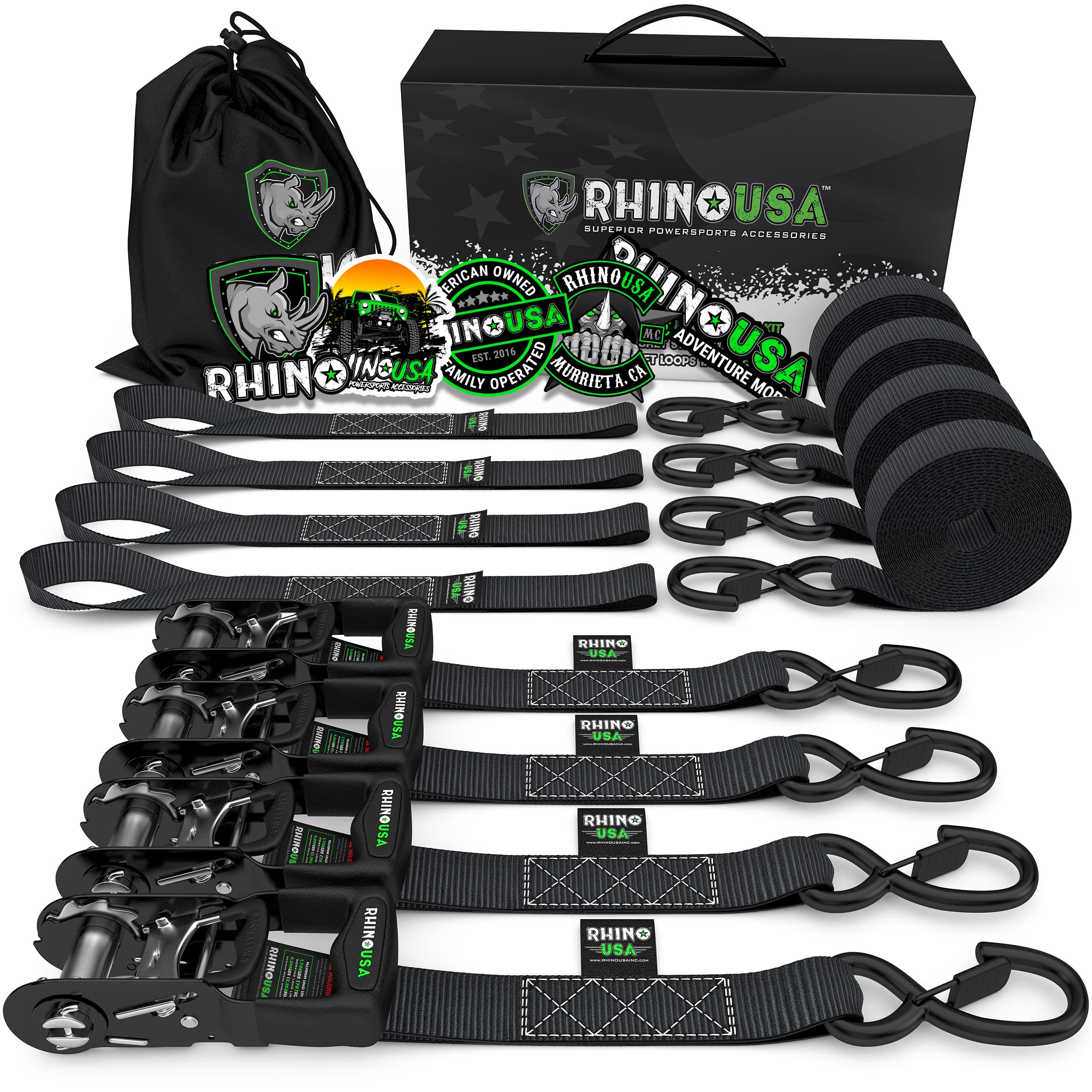 Rhino USA Ratchet Straps Tie Downs (4-Pack) - 2.5cm x 4.6m (800kg Break Strength) - Ultimate Tie Down Straps with Safety S Hooks - Premium Straps for Trucks, Cargo, Moving, Appliances - Black