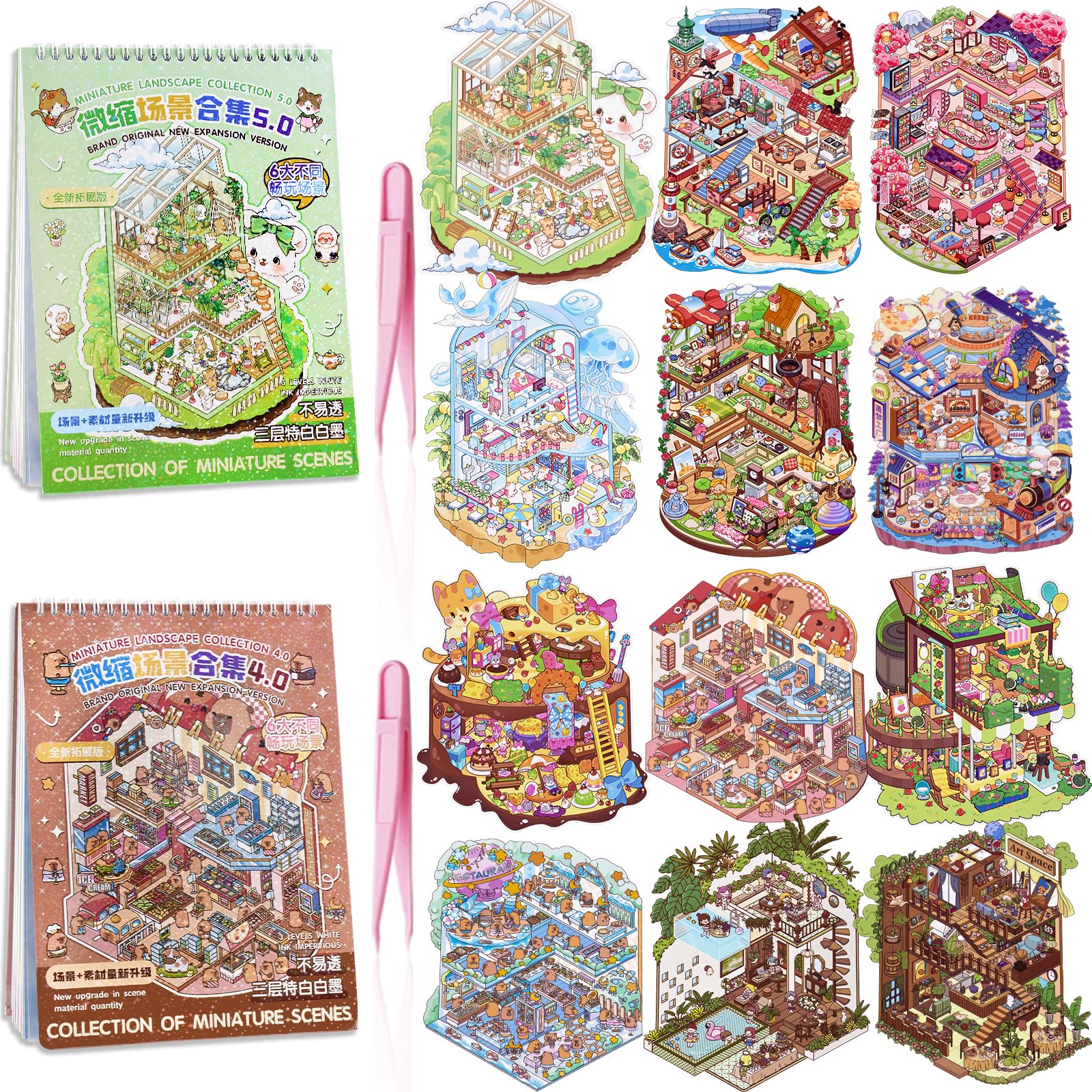 View 1 of 2 Books Big Size DIY 3D House Stickers Book with 12 Pcs of 3D Scene Stickers Miniature Scene Therapy Sticker for Relief Stress Pass The Time