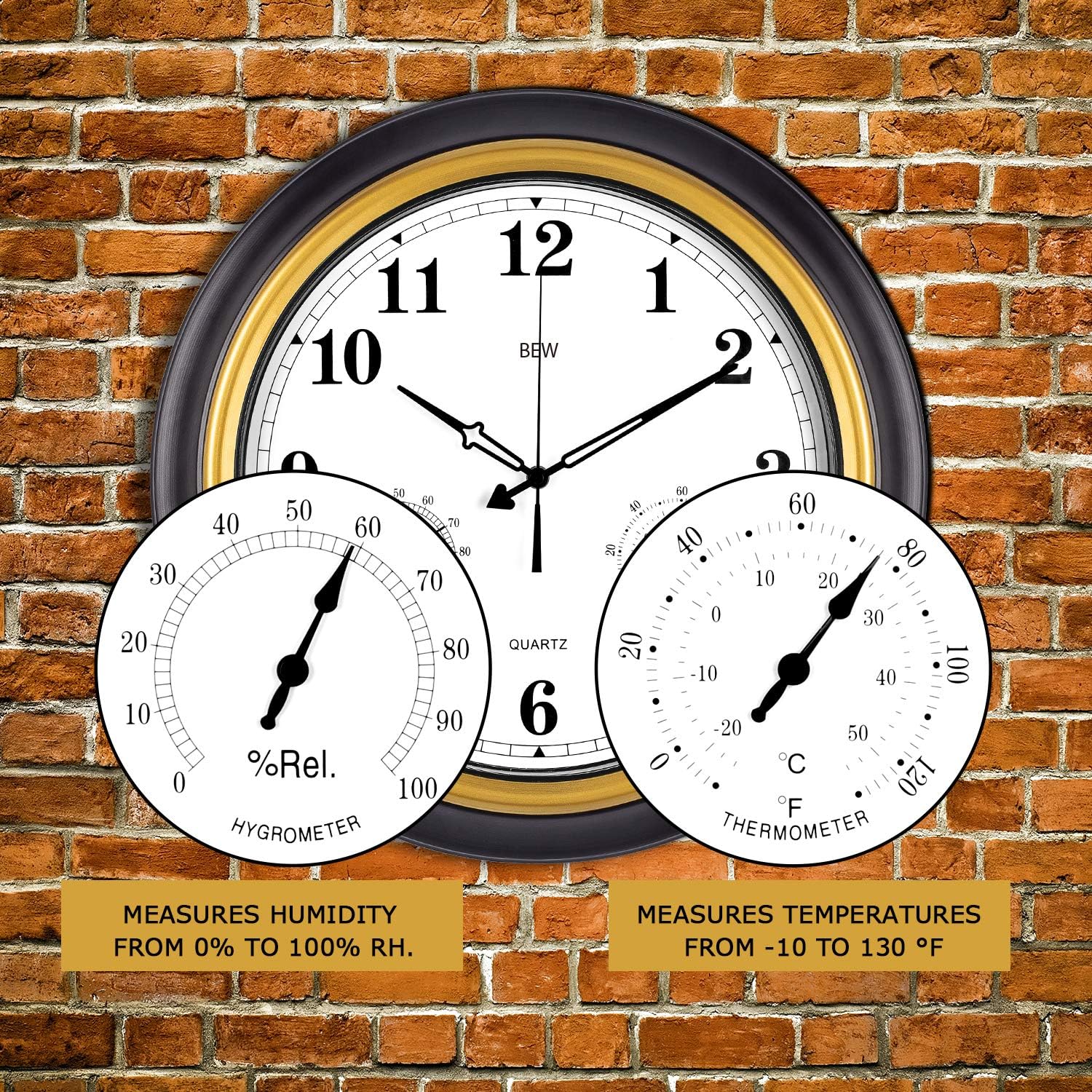 Amazon Com Large Outdoor Clock Waterproof Wall Clock With Thermometer Hygrometer Combo Weather Resistant Silent Metal Garden Clock For Patio Pool Lanai Fence Porch Home 18 Inch Black Golden Kitchen Dining