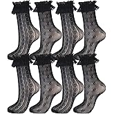 Geyoga 4 Pairs Women's Lace Socks Fishnet Mesh Knee High Stockings Lace Ankle High Socks for Women
